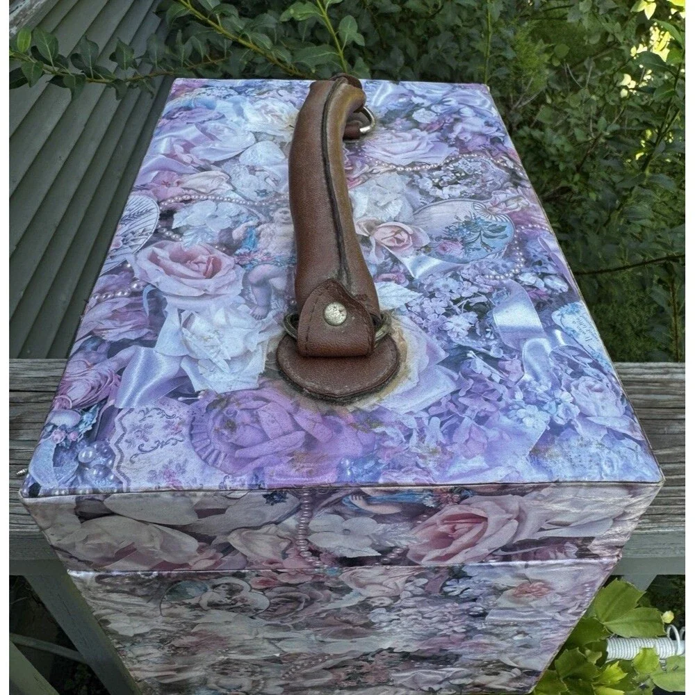 Shabby Chic Romantic Floral Cherub Train Case Jewelry Box Mirror Lid⁠